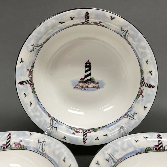 Stoneware Light House Sailboats White Blue Soup Cereal Bowls 7 1/4" Lot of 3 - Picture 3 of 8